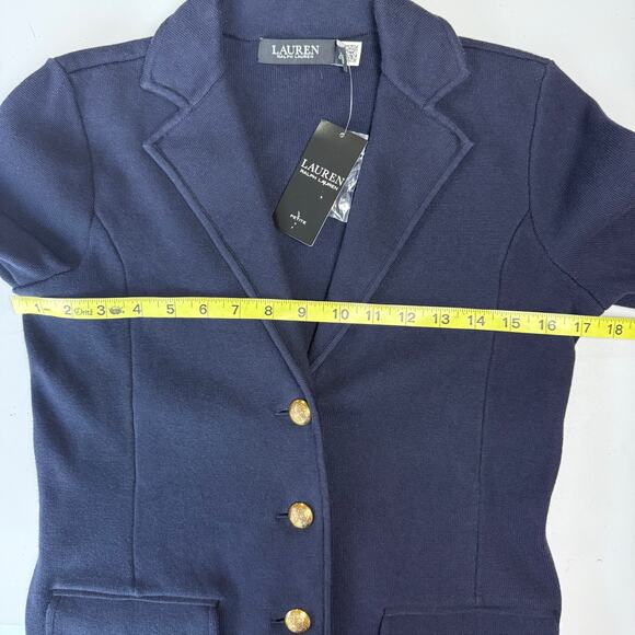 New LAUREN RALPH LAUREN Navy Sweater-Knit Cotton-Blend Blazer Petite Small - Picture 11 of 13